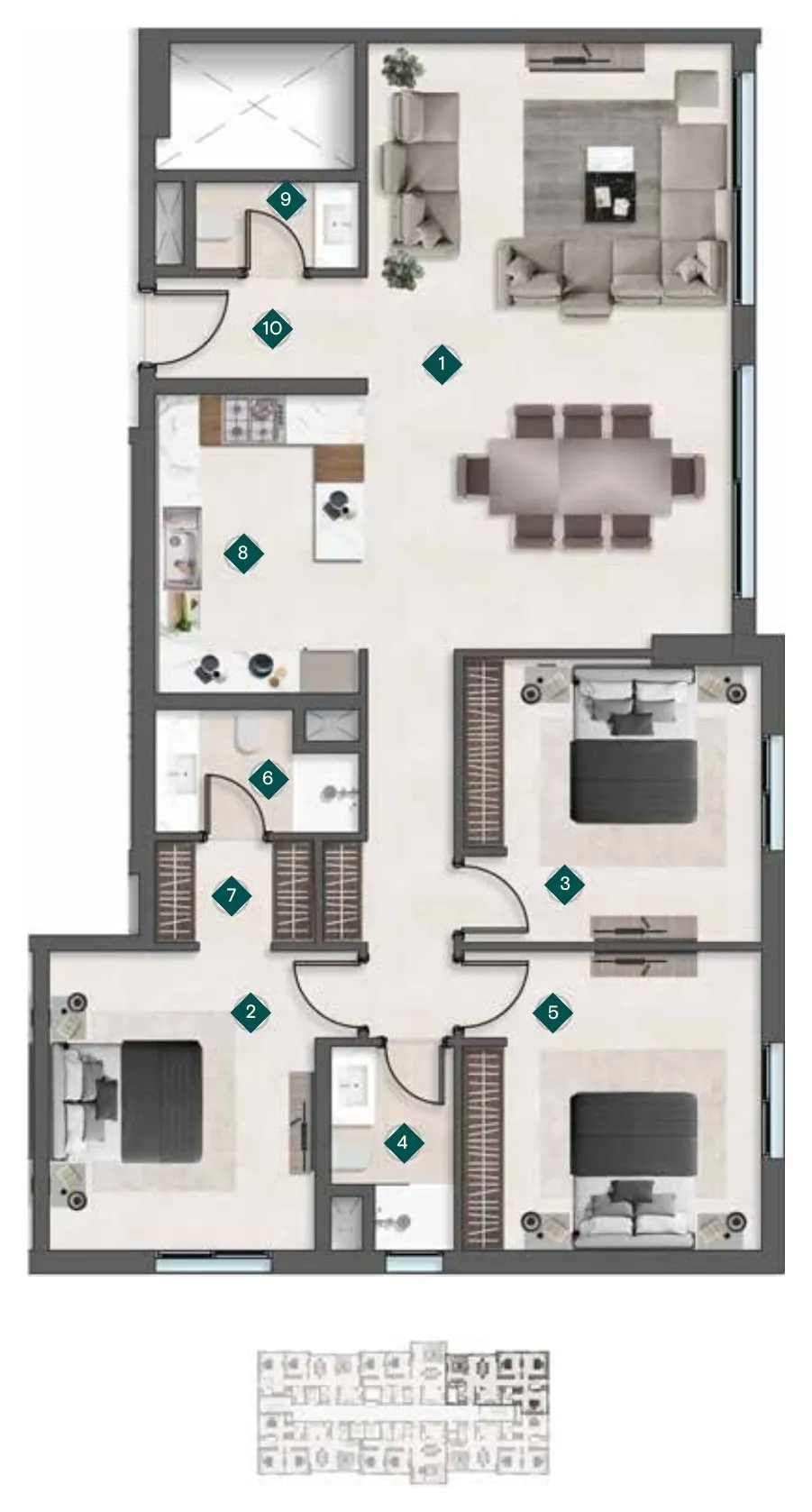 مخطط شقة من ثلاث غرف نوم – مبنى B نموذج 7